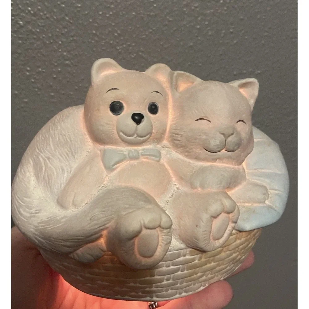 Vintage Ceramic Cat In Bed With Bear Light Cottagecore Small Table Lamp Works